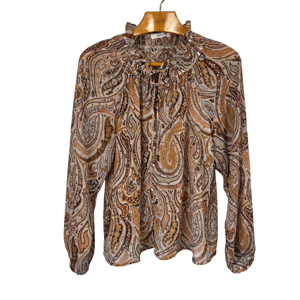 Haver + Blair London Paisley Ruffle Tie Neck Blouse XL Brown Blue Boho Sheer Top